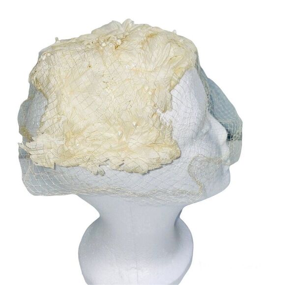 Vintage 50s 60s Crown Ivory Hat Net Floral Pearls Bridal Dance Costume Theatre main image 9